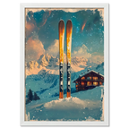 Ski into Serenity - Poster featuring wooden skis in snow with mountains and a cozy chalet, creating a peaceful winter scene.