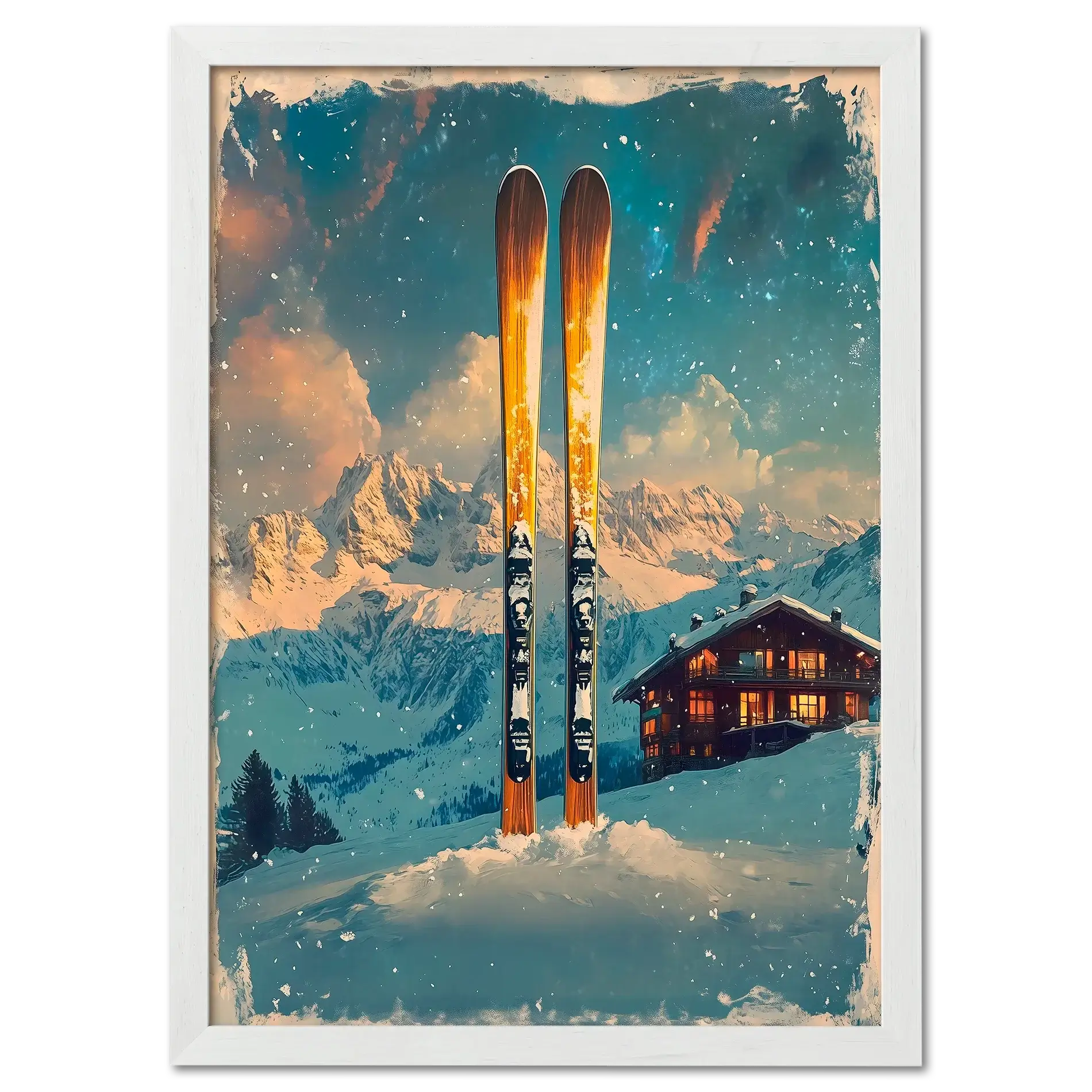 Ski into Serenity - Poster featuring wooden skis in snow with mountains and a cozy chalet, creating a peaceful winter scene.