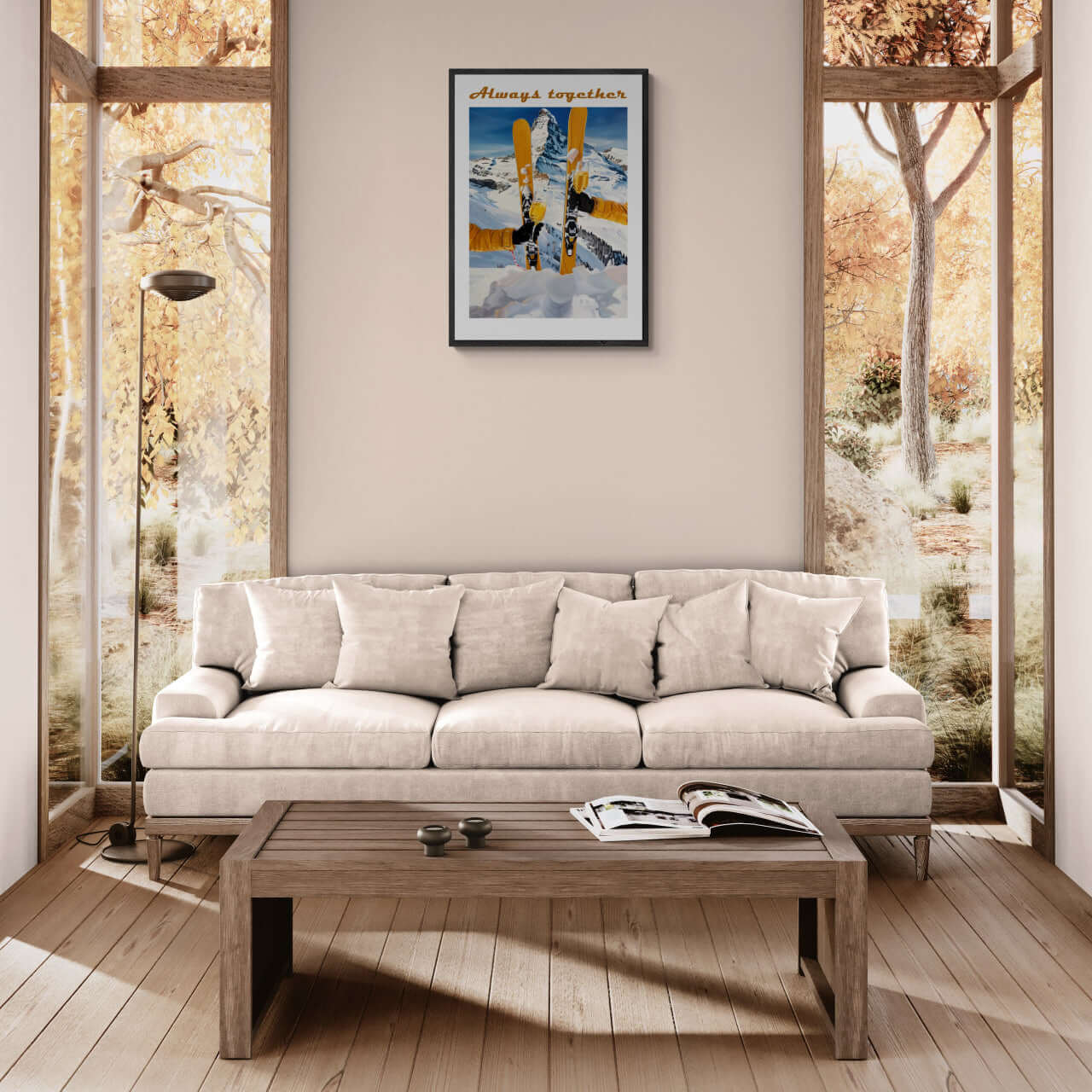 Skis, mountains, wine - Poster featuring skiers in a stylish living room with natural light.