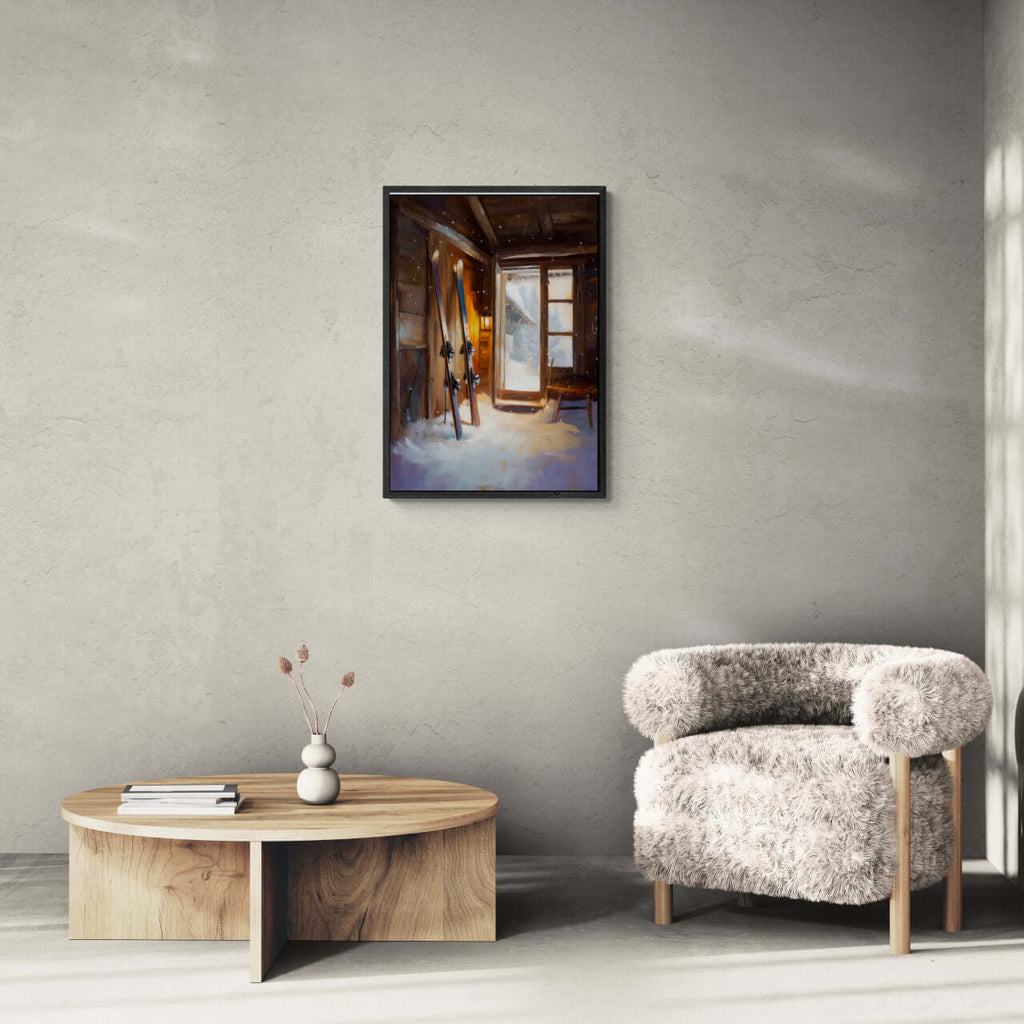 Ski Room, Morning Quiet - Poster displayed in a cozy alpine cabin, showcasing warm light and a peaceful atmosphere.