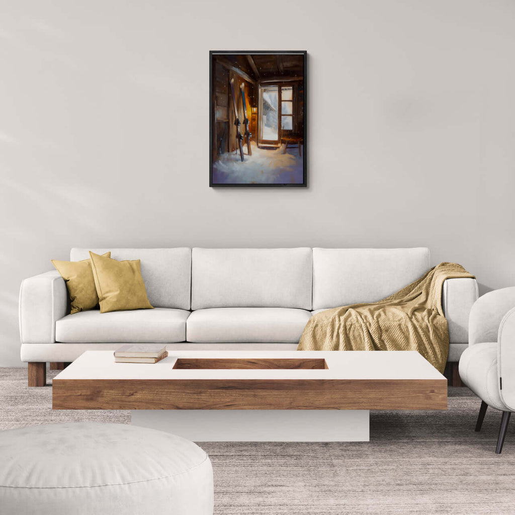 Ski Room, Morning Quiet - Poster displayed above a modern sofa in a stylish living room setting.