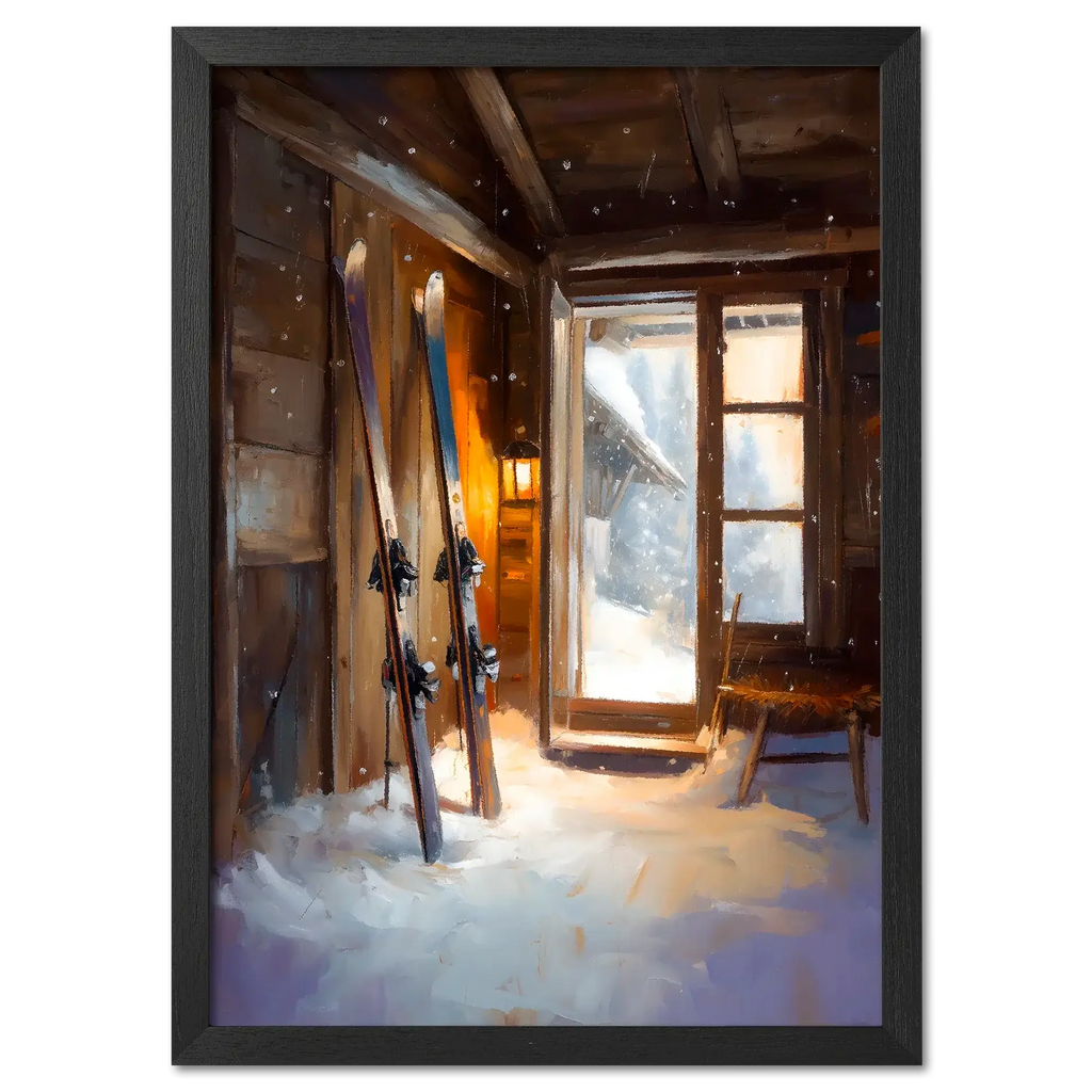 Ski Room, Morning Quiet - Poster showcasing a cozy ski room with skis, snow, and soft morning light in an alpine cabin.