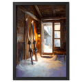 Ski Room, Morning Quiet - Poster showcasing a cozy ski room with skis, snow, and soft morning light in an alpine cabin.