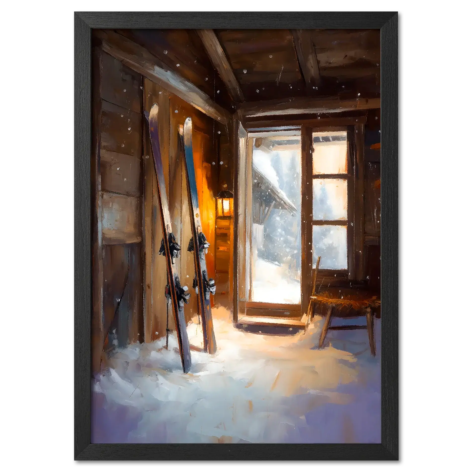 Ski Room, Morning Quiet - Poster showcasing a cozy ski room with skis, snow, and soft morning light in an alpine cabin.