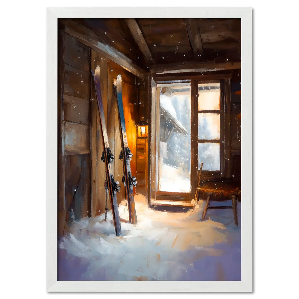Ski Room, Morning Quiet - Poster featuring cozy alpine cabin with skis and soft morning light.