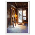 Ski Room, Morning Quiet - Poster featuring cozy alpine cabin with skis and soft morning light.