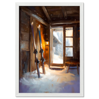Ski Room, Morning Quiet - Poster featuring cozy alpine cabin with skis and soft morning light.