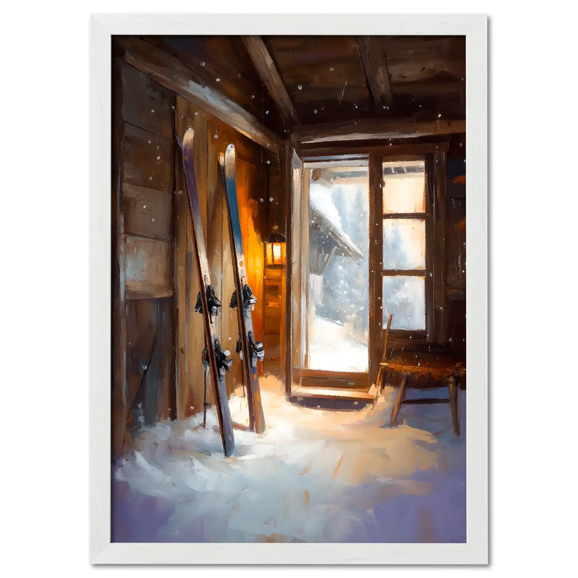 Ski Room, Morning Quiet - Poster featuring cozy alpine cabin with skis and soft morning light.