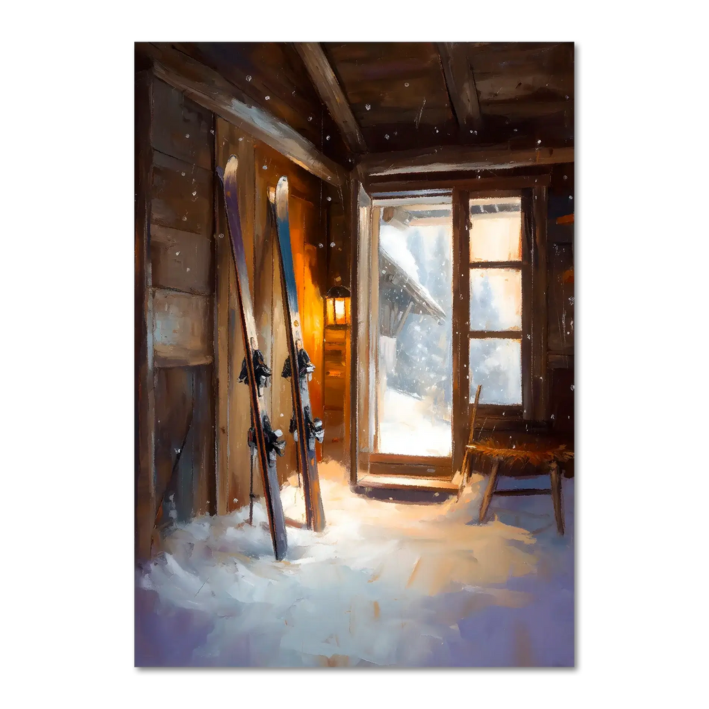 Ski Room, Morning Quiet - Poster featuring skis in a cozy wooden cabin with fresh snow and soft morning light.