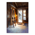 Ski Room, Morning Quiet - Poster featuring skis in a cozy wooden cabin with fresh snow and soft morning light.
