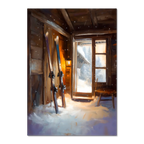 Ski Room, Morning Quiet - Poster featuring skis in a cozy wooden cabin with fresh snow and soft morning light.