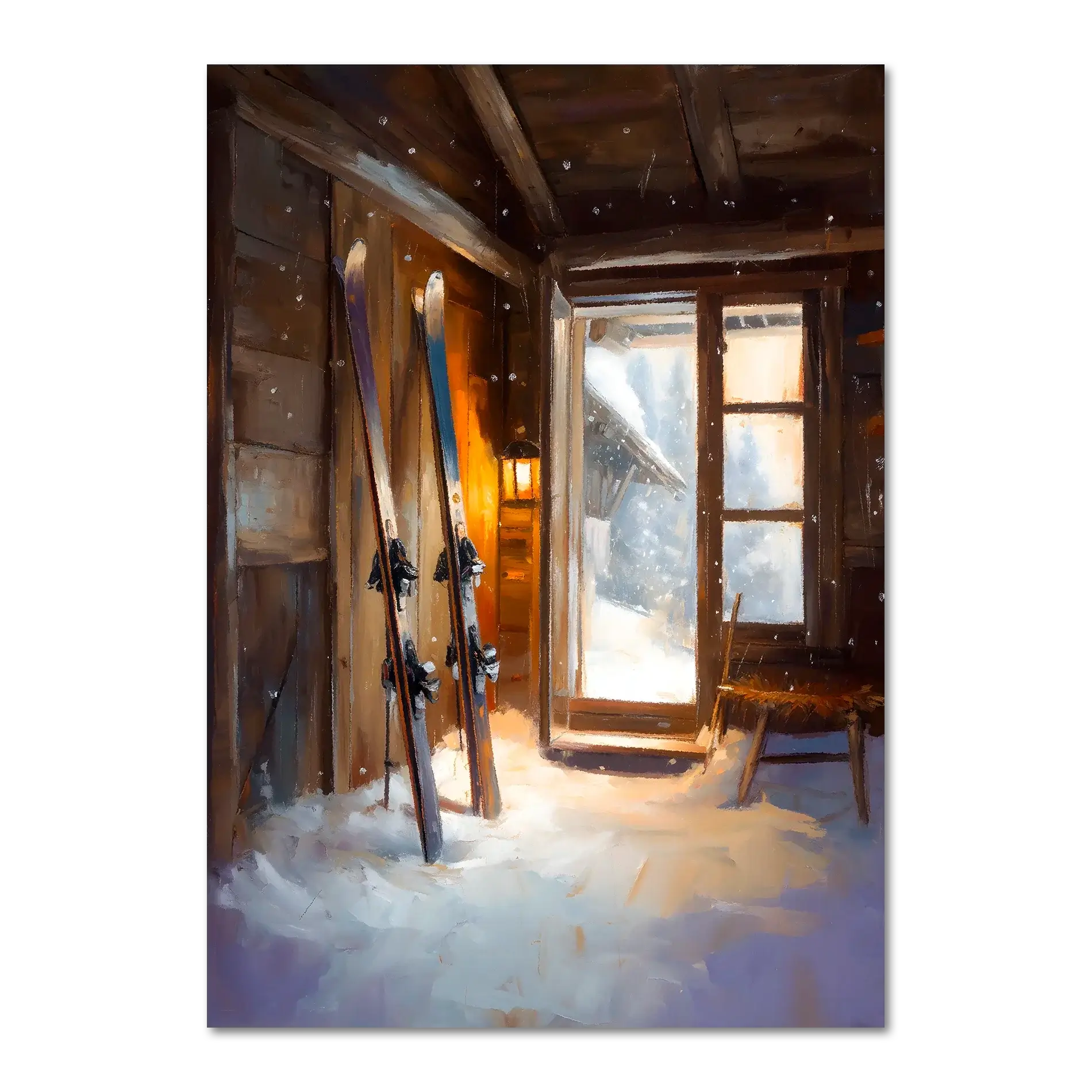 Ski Room, Morning Quiet - Poster featuring skis in a cozy wooden cabin with fresh snow and soft morning light.