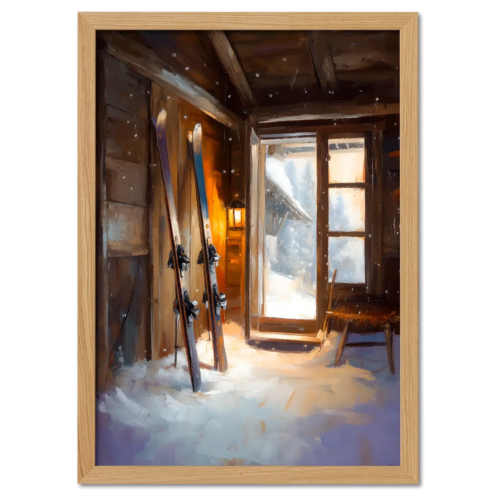 Ski Room, Morning Quiet - Poster featuring skis in a cozy alpine cabin with snow and soft morning light.