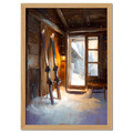 Ski Room, Morning Quiet - Poster featuring skis in a cozy alpine cabin with snow and soft morning light.