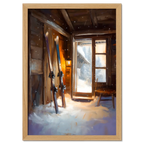 Ski Room, Morning Quiet - Poster featuring skis in a cozy alpine cabin with snow and soft morning light.