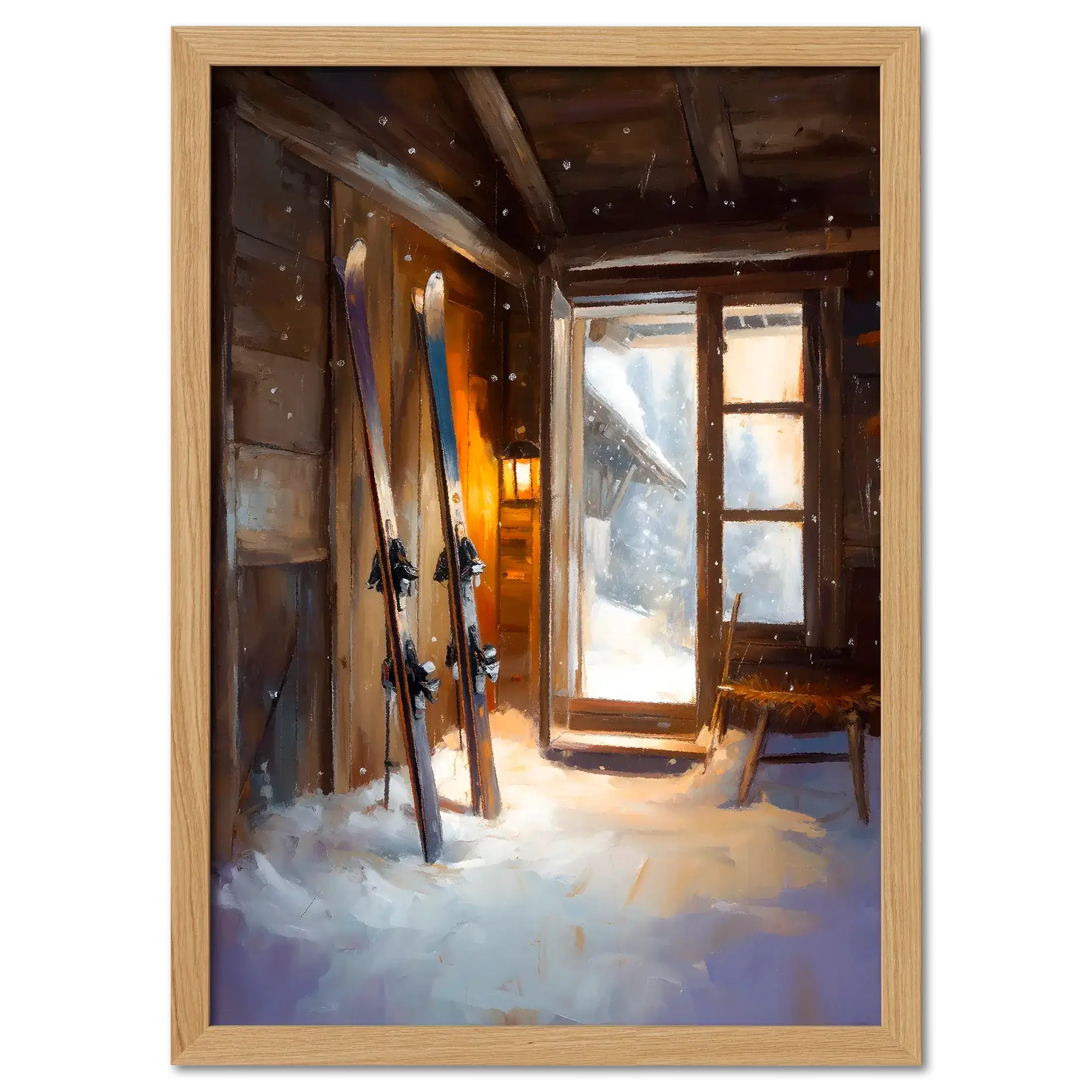 Ski Room, Morning Quiet - Poster featuring skis in a cozy alpine cabin with snow and soft morning light.