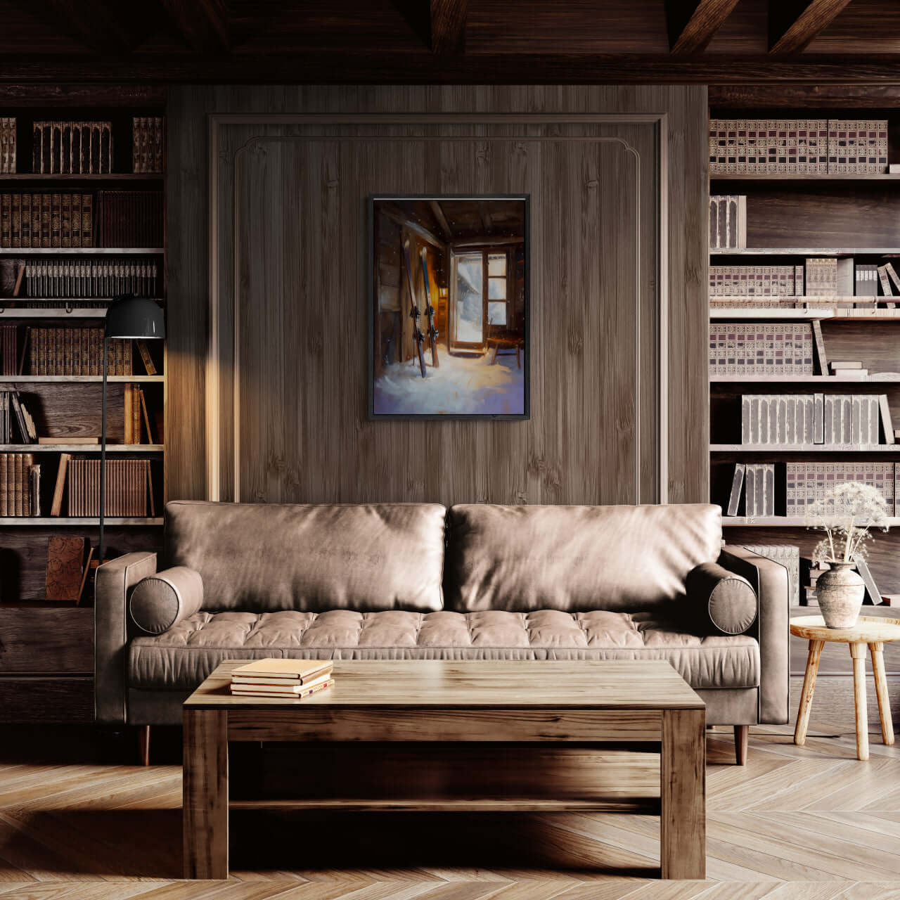 Ski Room, Morning Quiet - Poster displayed in a cozy wooden cabin, enhancing the warm atmosphere and wall art.
