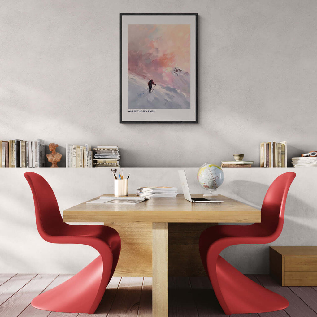 Ski Room, Morning Quiet - Poster featuring a skier on a snowy ridge in a modern office setting.