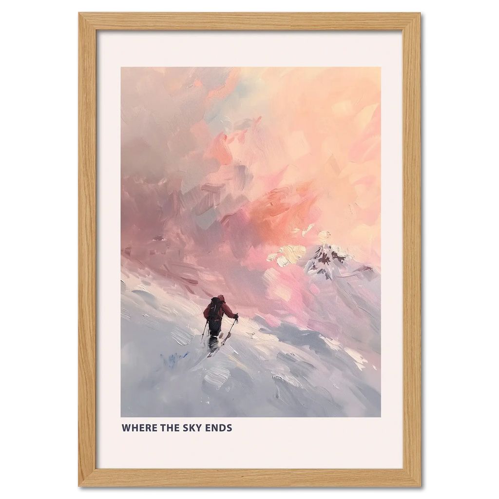 Ski Room, Morning Quiet - Poster featuring a lone skier against a soft sunset sky with dreamy colors.