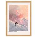 Ski Room, Morning Quiet - Poster featuring a lone skier against a soft sunset sky with dreamy colors.