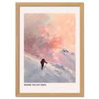 Ski Room, Morning Quiet - Poster featuring a lone skier against a soft sunset sky with dreamy colors.