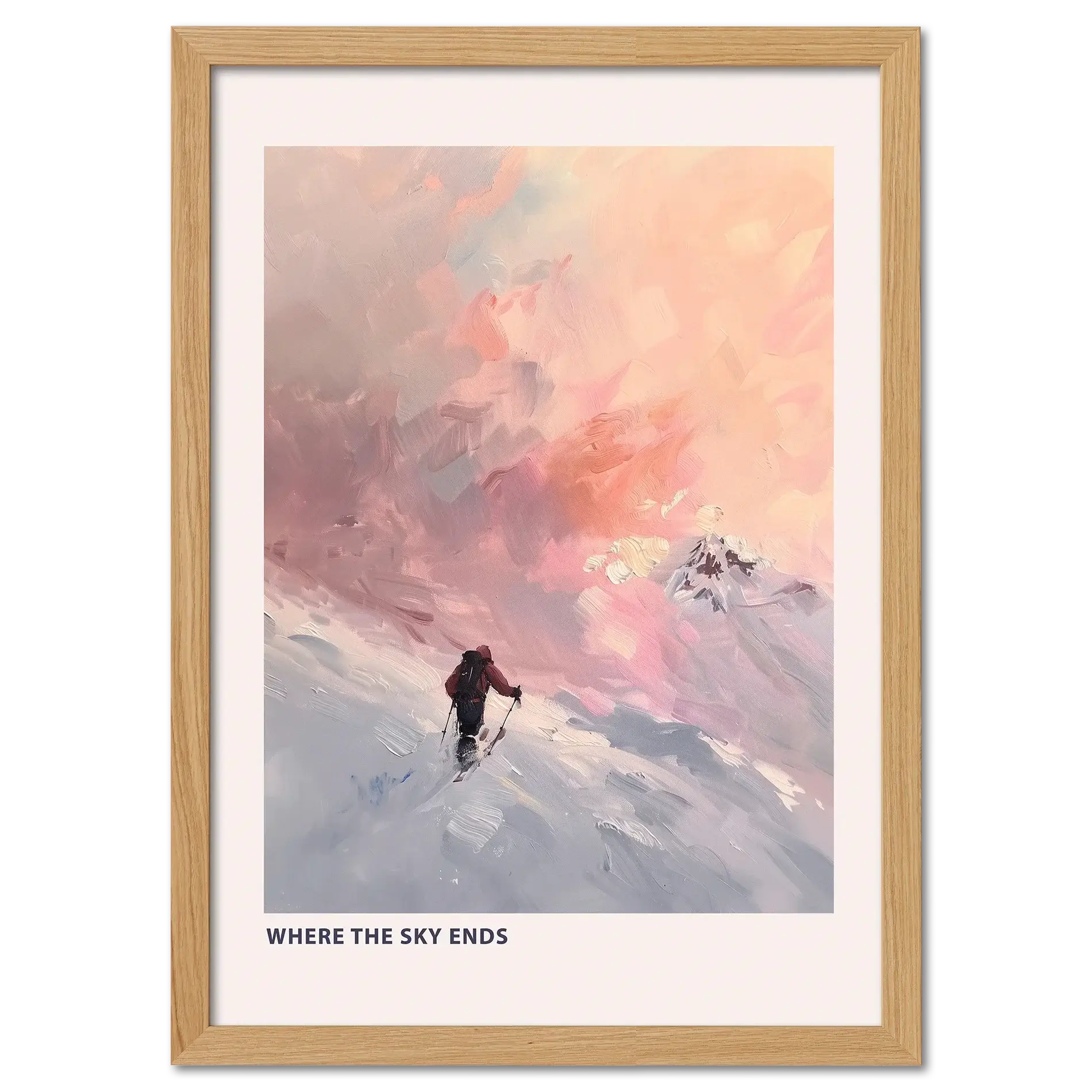 Ski Room, Morning Quiet - Poster featuring a lone skier against a soft sunset sky with dreamy colors.