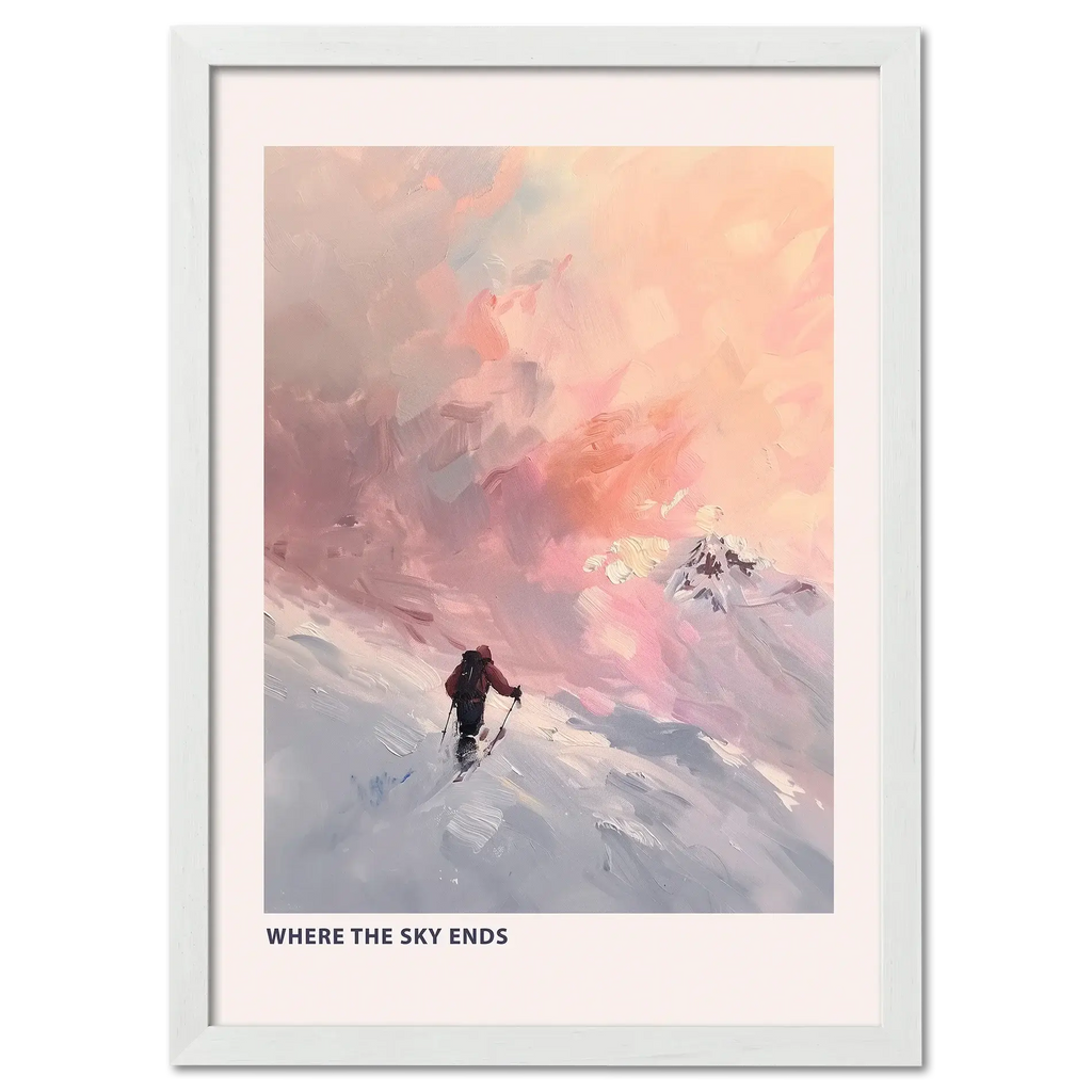 Ski Room, Morning Quiet - Poster featuring a skier in snow under a soft sunset sky with pastel colors.