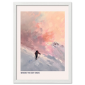 Ski Room, Morning Quiet - Poster featuring a skier in snow under a soft sunset sky with pastel colors.