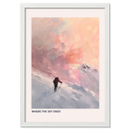 Ski Room, Morning Quiet - Poster featuring a skier in snow under a soft sunset sky with pastel colors.