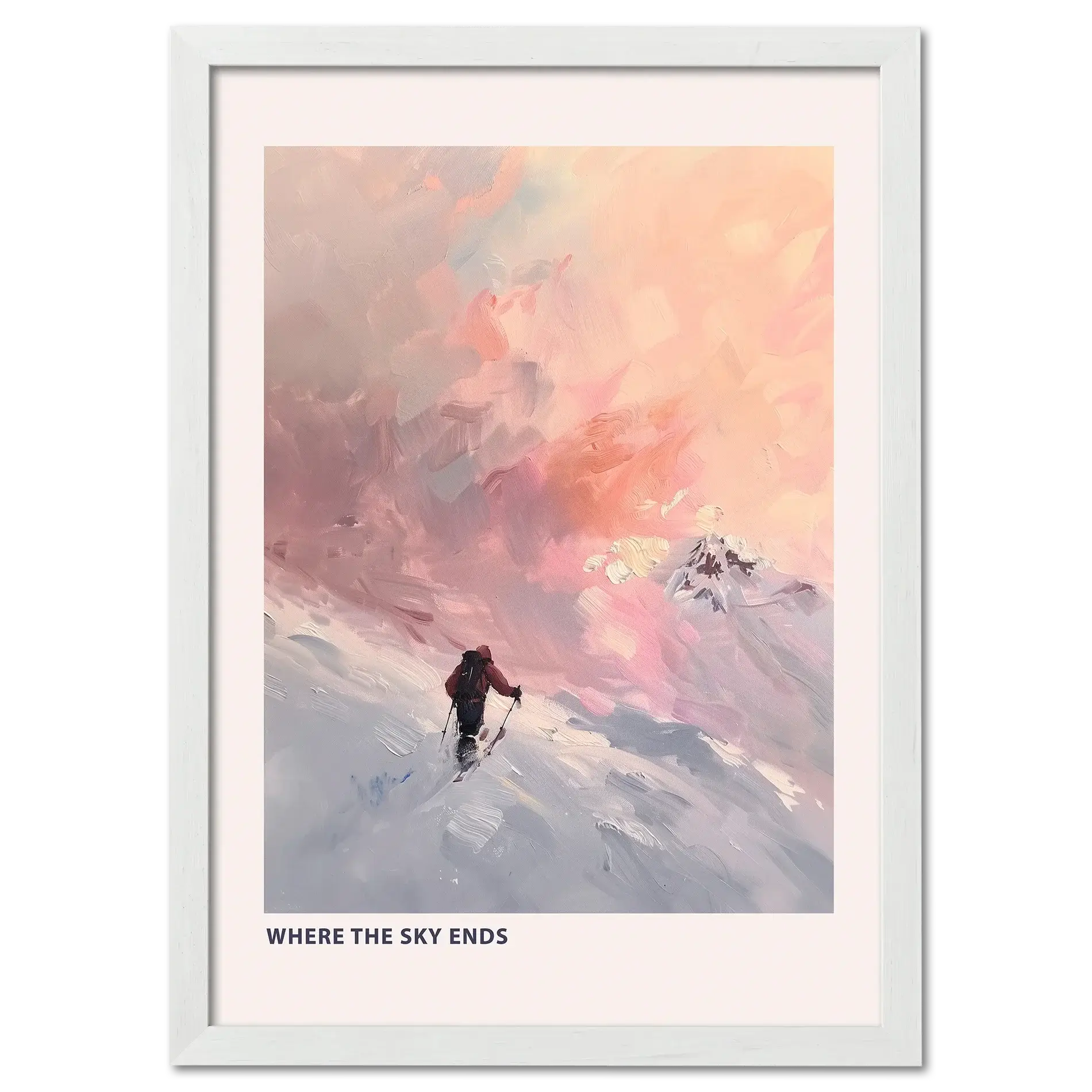 Ski Room, Morning Quiet - Poster featuring a skier in snow under a soft sunset sky with pastel colors.