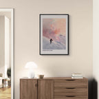 Ski Room, Morning Quiet - Poster featuring a lone skier on a snowy ridge under colorful sunset tones.