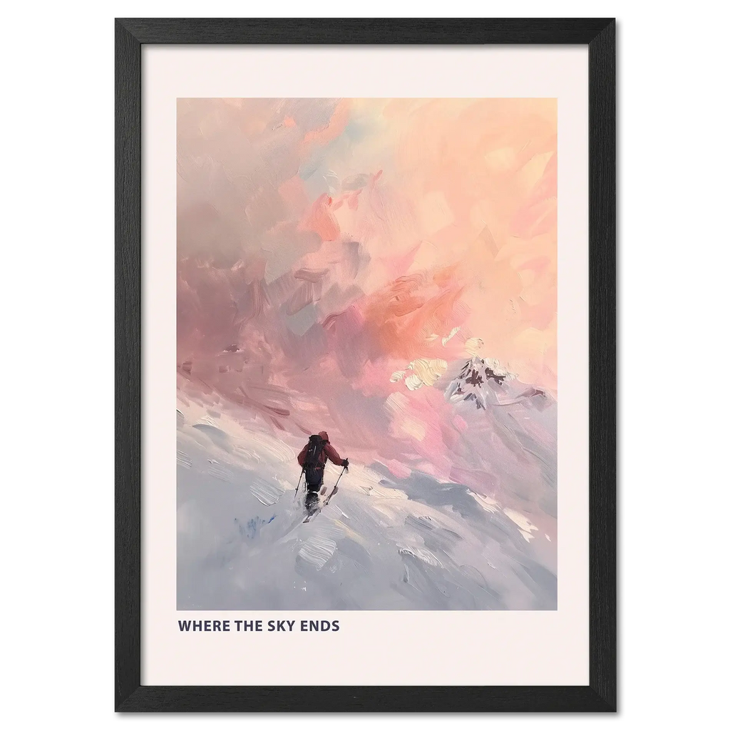 Ski Room, Morning Quiet - Poster featuring a lone skier in a snowy landscape at sunset.