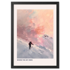Ski Room, Morning Quiet - Poster featuring a lone skier in a snowy landscape at sunset.