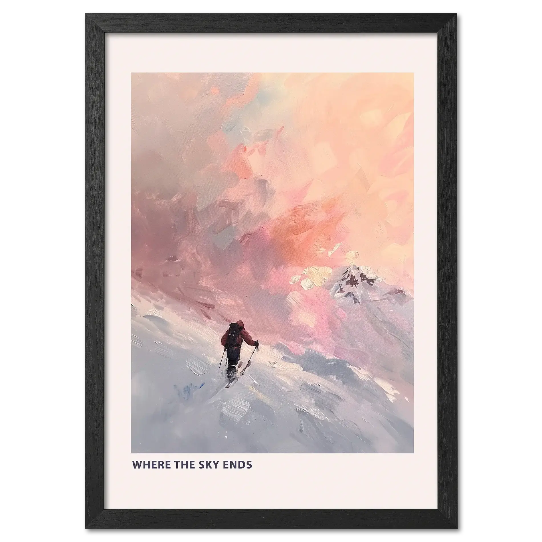 Ski Room, Morning Quiet - Poster featuring a lone skier in a snowy landscape at sunset.