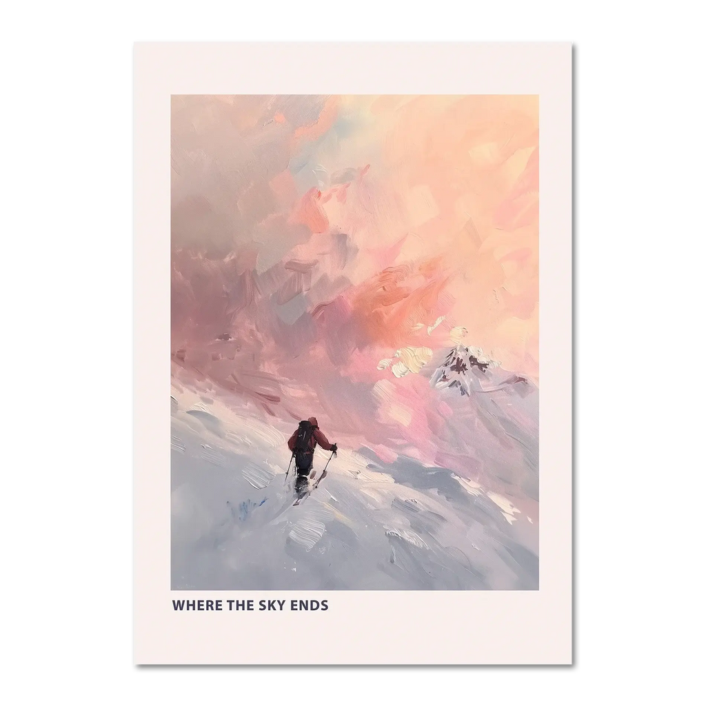 Ski Room, Morning Quiet - Poster featuring a lone skier against a pastel sunset sky and snowy mountains.