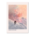 Ski Room, Morning Quiet - Poster featuring a lone skier against a pastel sunset sky and snowy mountains.