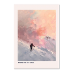Ski Room, Morning Quiet - Poster featuring a lone skier against a pastel sunset sky and snowy mountains.