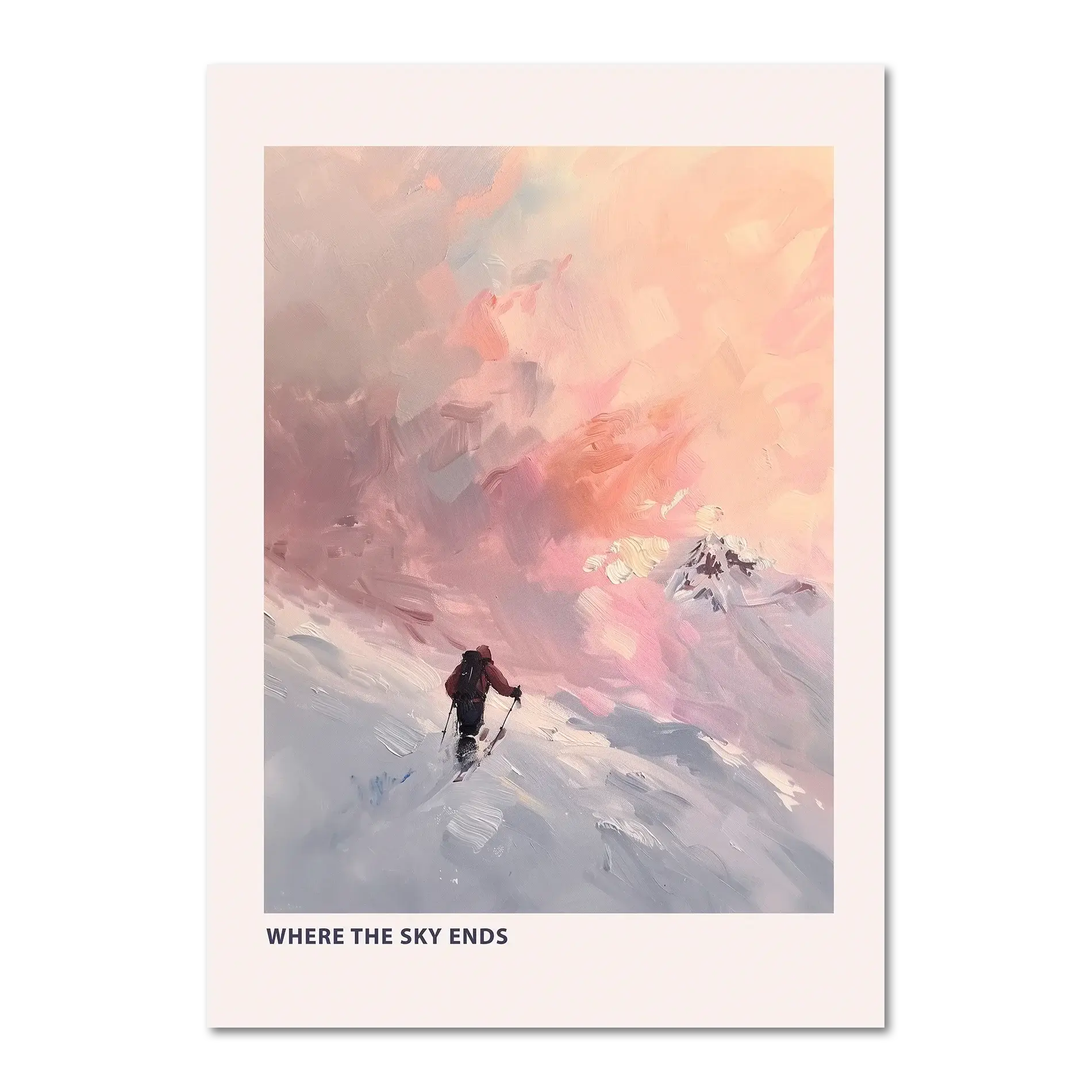 Ski Room, Morning Quiet - Poster featuring a lone skier against a pastel sunset sky and snowy mountains.
