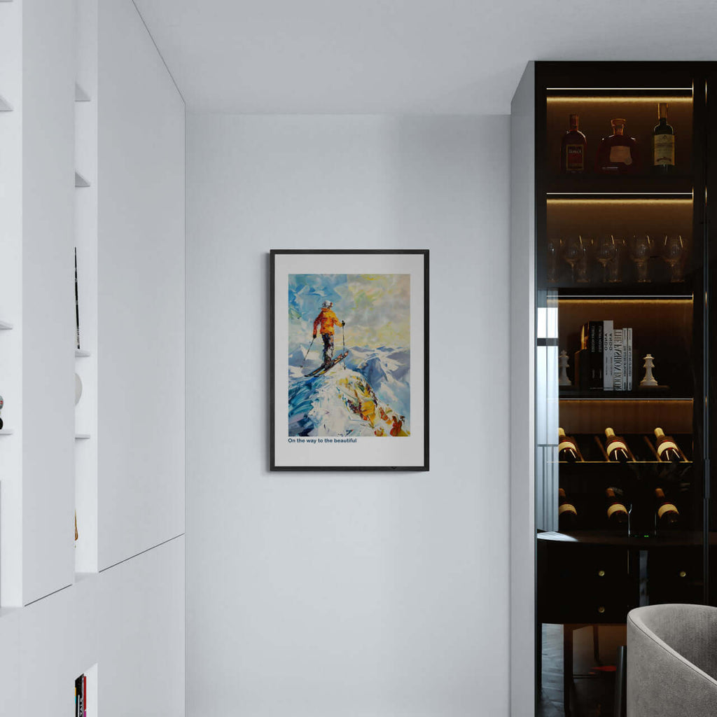 Skier at the top of the Alps - Poster hanging on a modern wall, showcasing bright colors and alpine scenery.