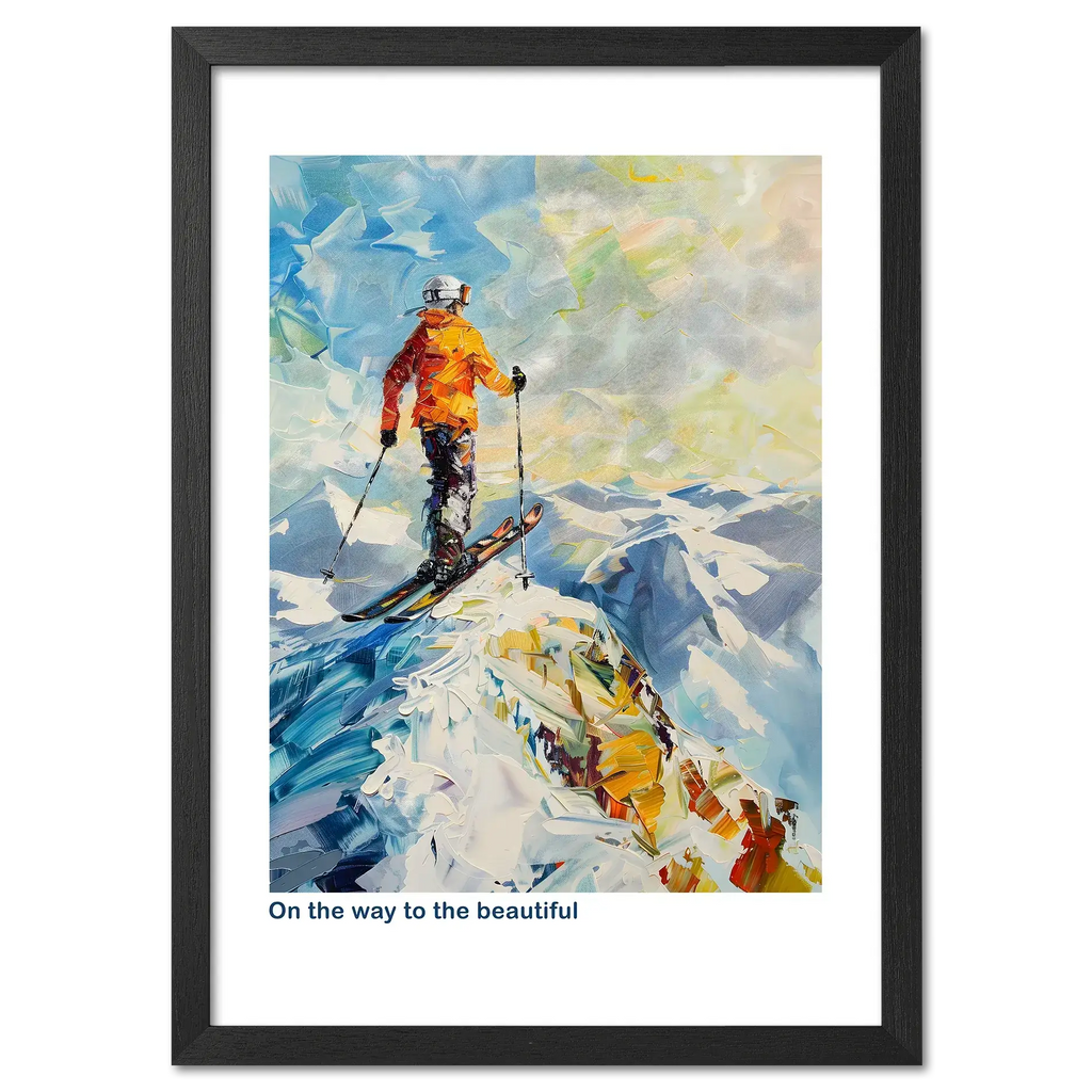Skier at the top of the Alps - Poster showcases a skier on an alpine peak, surrounded by snowy mountains.