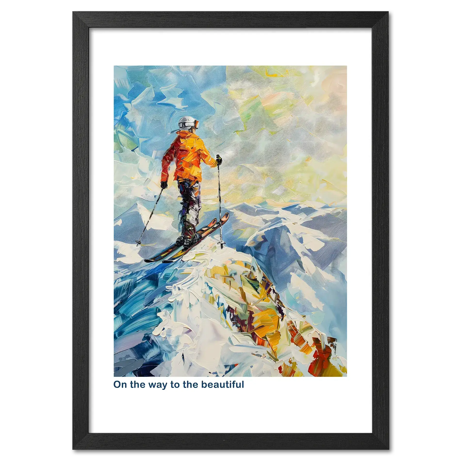 Skier at the top of the Alps - Poster showcases a skier on an alpine peak, surrounded by snowy mountains.