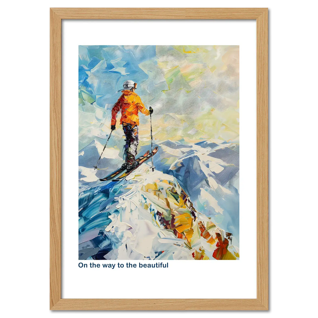 Skier at the top of the Alps - Poster showcasing a skier on a snowy mountain peak with vibrant colors.