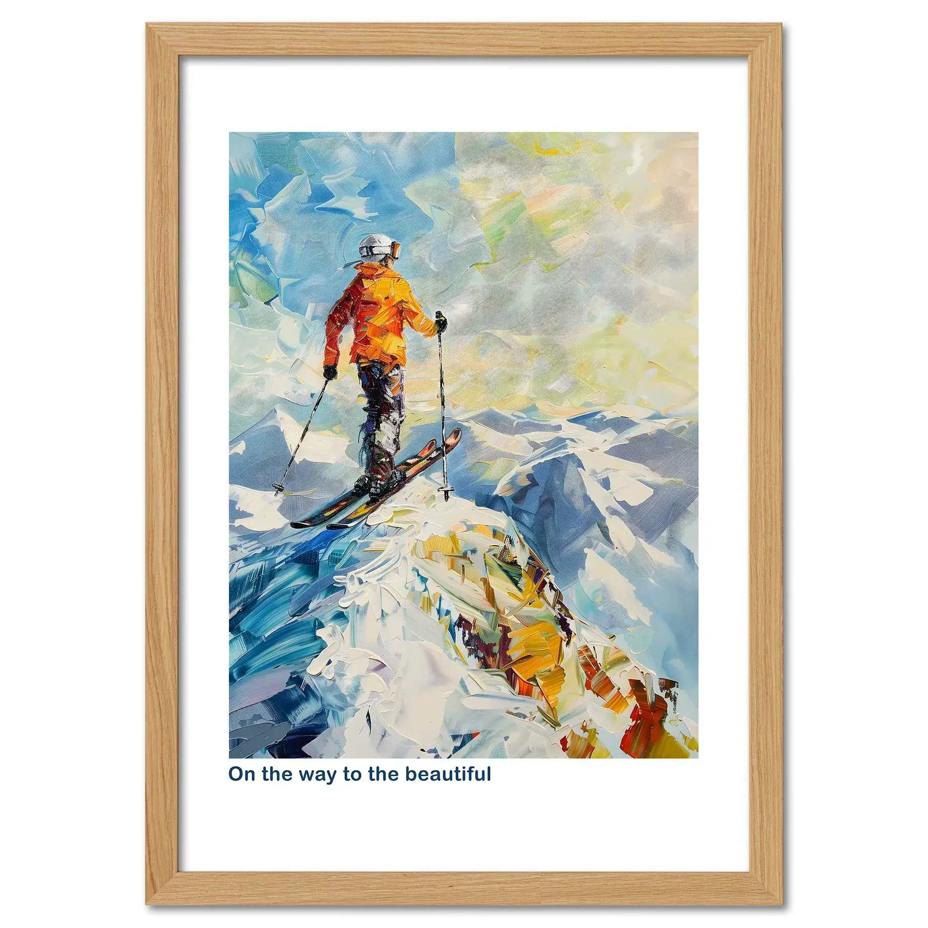 Skier at the top of the Alps - Poster showcasing a skier on a snowy mountain peak with vibrant colors.