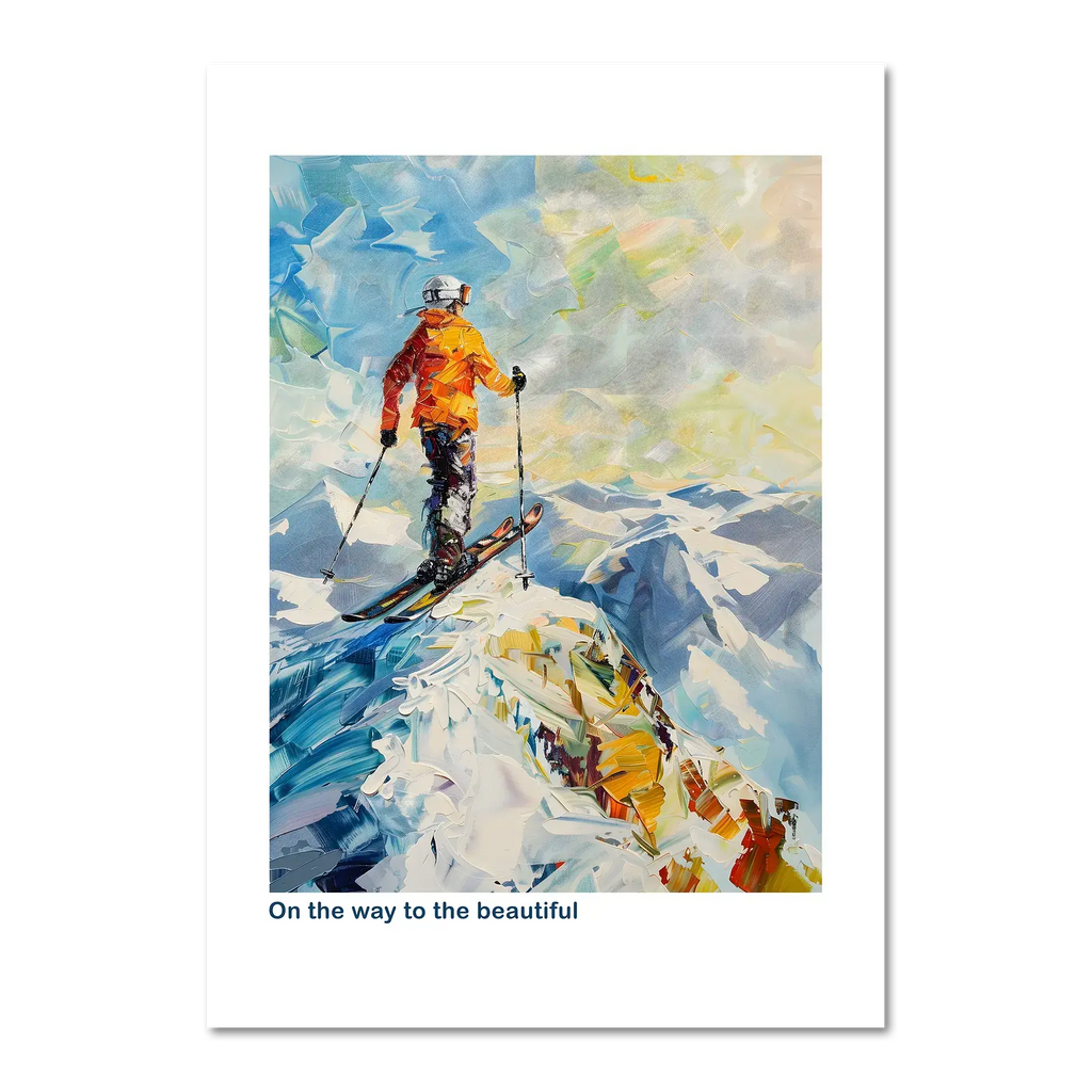Skier at the top of the Alps - Poster featuring a skier on an alpine peak with bright brushstrokes and snowy mountains.