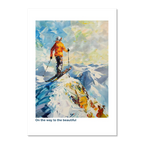 Skier at the top of the Alps - Poster featuring a skier on an alpine peak with bright brushstrokes and snowy mountains.