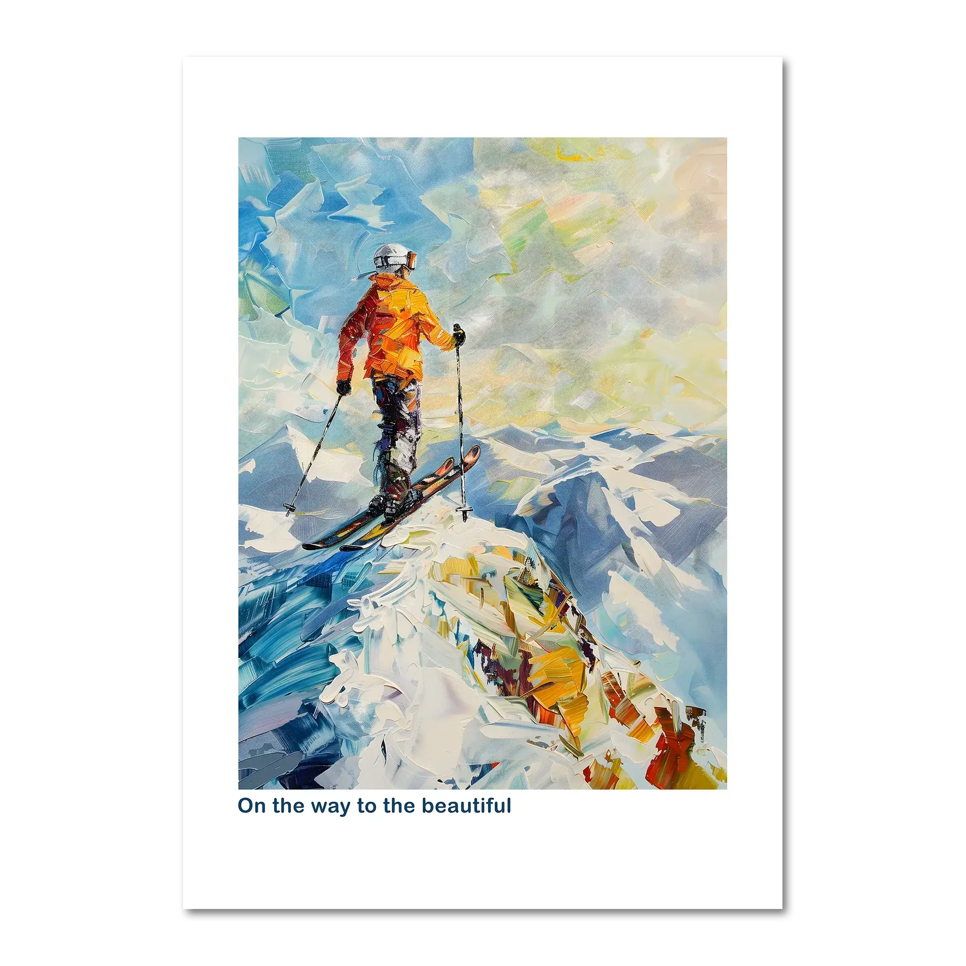 Skier at the top of the Alps - Poster featuring a skier on an alpine peak with bright brushstrokes and snowy mountains.