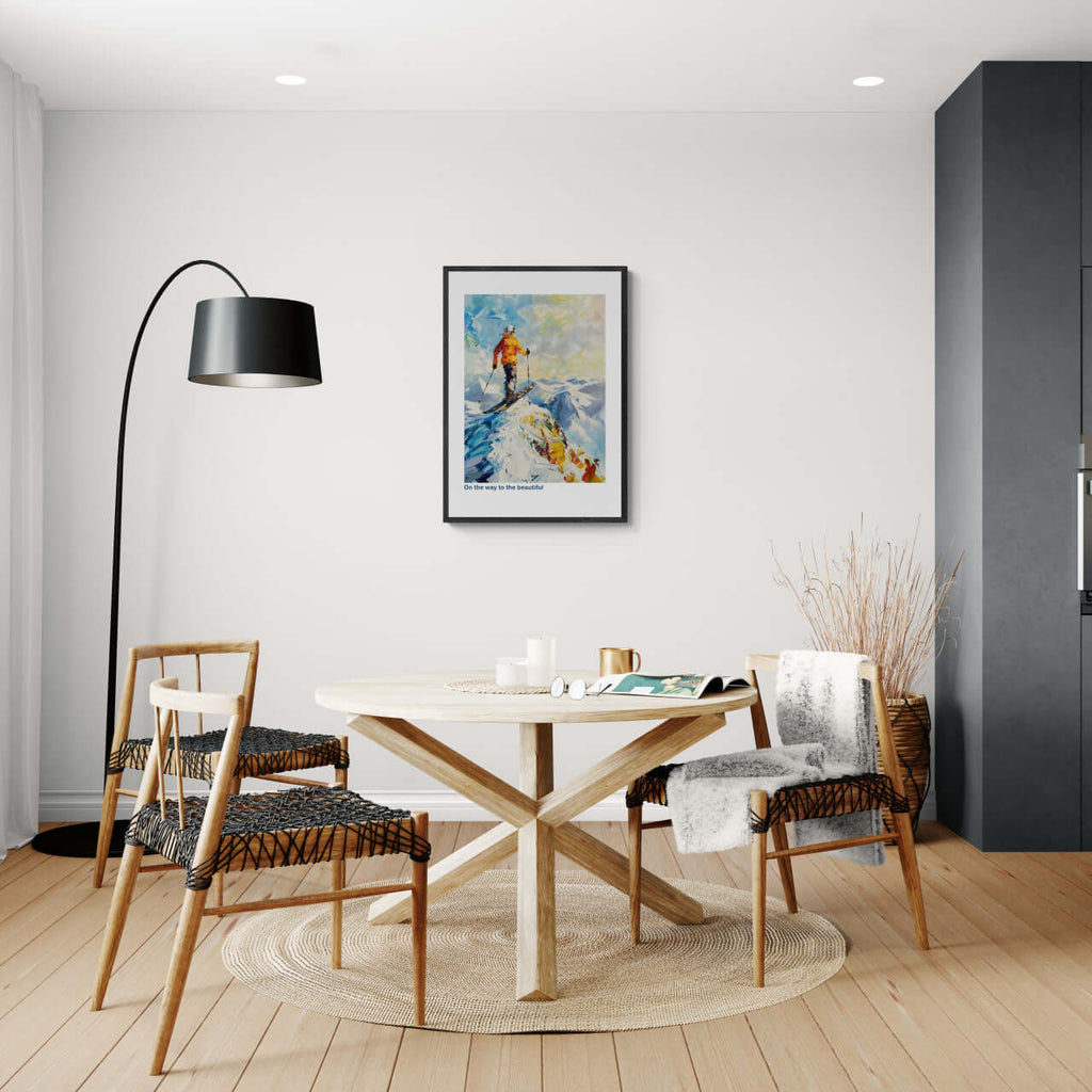 Skier at the top of the Alps - Poster displayed in a modern dining setting with wooden decor and natural light.