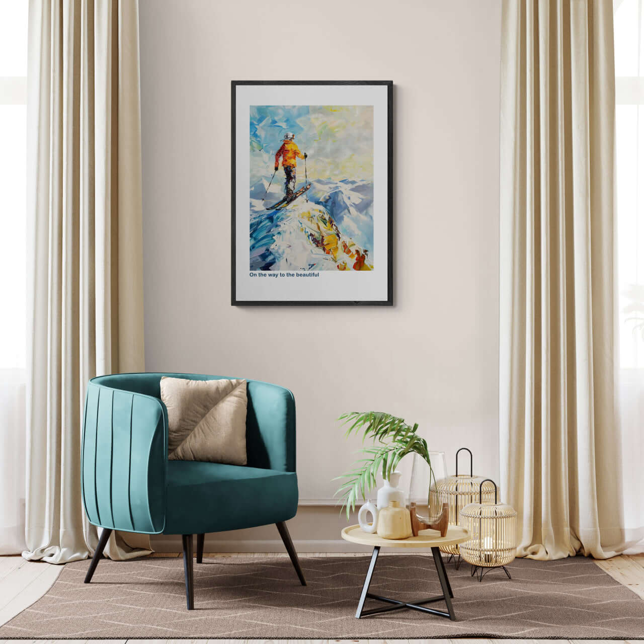 Skier at the top of the Alps - Poster displayed in a modern living room with teal armchair and warm decor.