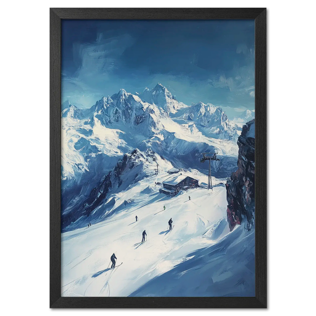 Skiing the Alps - Adventure Awaits - Poster featuring skiers on an alpine slope with snowy peaks.