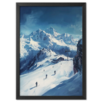 Skiing the Alps - Adventure Awaits - Poster featuring skiers on an alpine slope with snowy peaks.